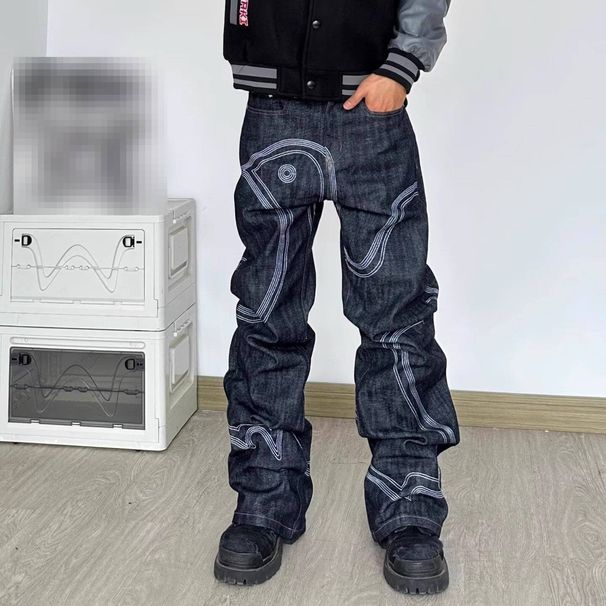 Selvedge Denim Jeans – Loose Fit American Style Jeans With Multi-Stitched Seams & Dove Motif (Dark Blue, S-3XL)_mkmklike.com