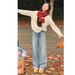 Women's Clothing High-Waisted Retro Blue Straight Leg Jeans Women's Fleece Lined Wide Leg Pants Winter New Style Light Colored_mkmklike.com