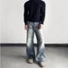 Washed Whiskered Premium Retro Denim Jeans, A Line Straight Leg With Slight Flare, Clean Fit Casual Pants_mkmklike.com
