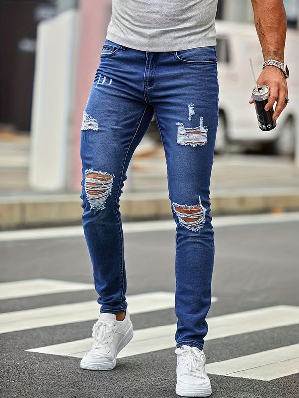 Men's European American Style Ripped Slim Fit Stretch Skinny Jeans Trendy Blue Street Fashion Tight Wash In Stock_mkmklike.com