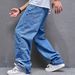 Denim Washed Wide Leg Pants Jeans Distressed Ankle Length Pants Men Spliced Pockets High Street Loose Solid Zipper 2025_mkmklike.com