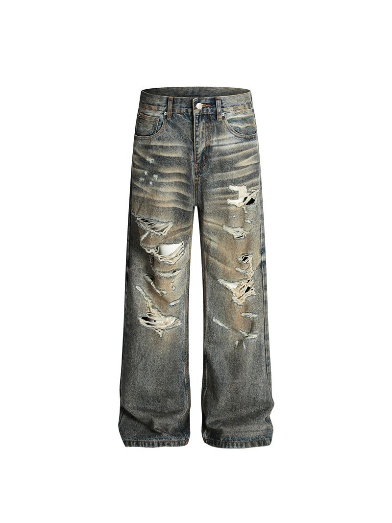 Streetwear Distressed Jeans – Vintage Washed Denim Pants With Raw Hem & Knee Rips (S-XXL)_mkmklike.com