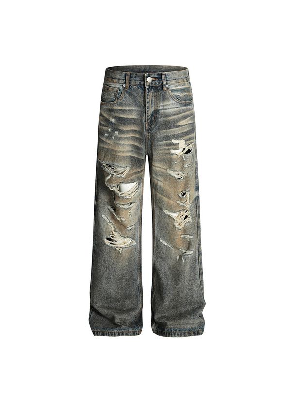 Streetwear Distressed Jeans – Vintage Washed Denim Pants With Raw Hem & Knee Rips (S-XXL)_mkmklike.com