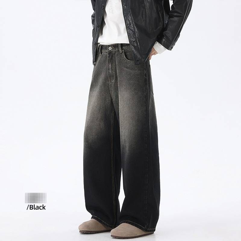Men's Clothing Men's Vintage Washed Black Jeans - Retro Faded Slim Straight Leg Trousers For Casual Streetwear_mkmklike.com