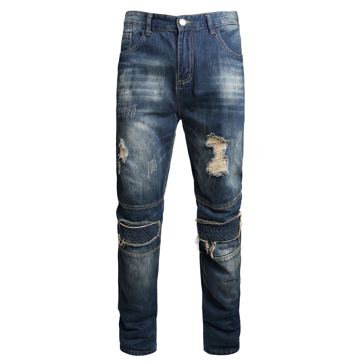 Men's Motorcycle Jeans Ripped Knee Holes Embroidered Denim Pants Mid Waist Straight Leg Long Fit Slight Stretch_mkmklike.com