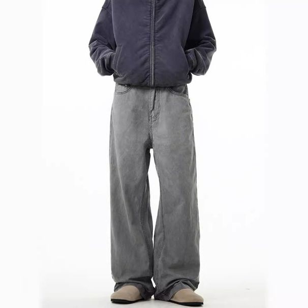 Men's Clothing Men's Retro Grey Denim Jeans Versatile Straight Leg Distressed Wash Casual Style For Spring Autumn Wide Leg Trousers_mkmklike.com