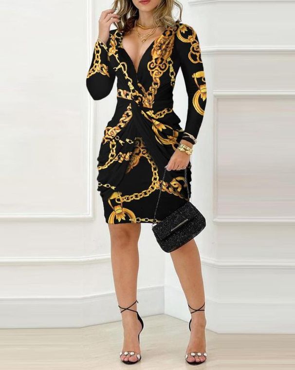 Women's Clothing chain printed twisted irregular long sleeved v neck hip hugging dress_mkmklike.com