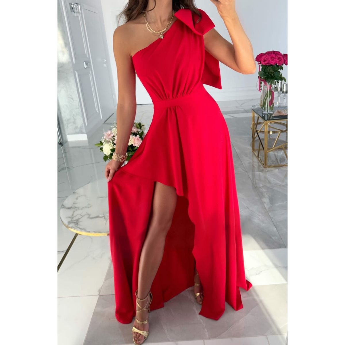 Women's Clothing new oblique shoulder bow slit dress INS casual swing dress _mkmklike.com