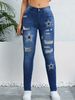Women's Destroyed Skinny Jeans - High Waisted Ripped Denim Pants With Star Print (2 Colors, S-2XL)_mkmklike.com