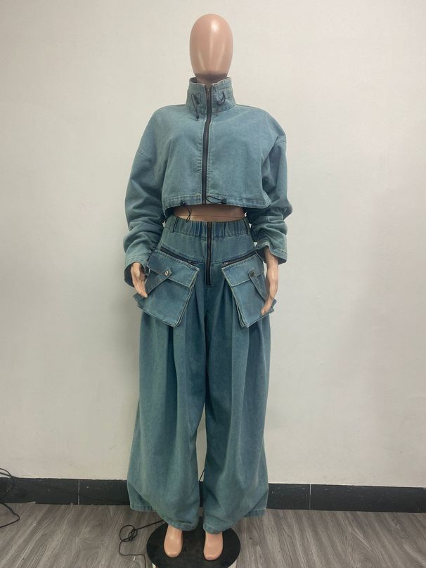 Women's Clothing Fashion Loose Casual Short Jacket Wide Leg Trousers Denim Suit Women's Two Piece Suit_mkmklike.com