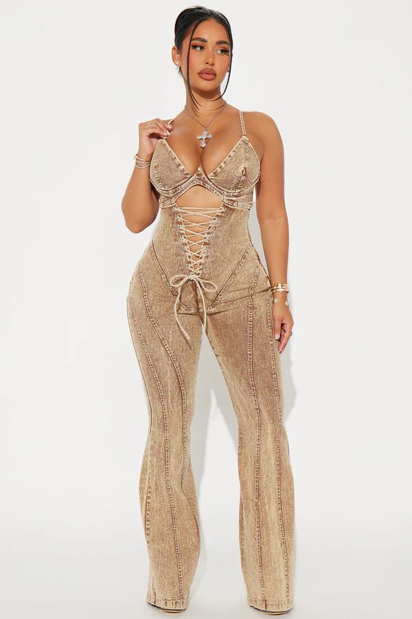 Women's Clothing Fashion Hollow Tie Waist Denim Jumpsuit_mkmklike.com