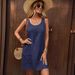Women's Clothing new fashion U neck solid color sleeveless purse buckle cotton mid length dress_mkmklike.com