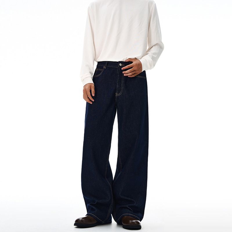 Men's Selvedge Red Trim Raw Denim Jeans Dark Blue Straight Leg Cleanfit Trousers Unisex_mkmklike.com