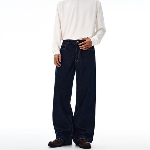 Men's Selvedge Red Trim Raw Denim Jeans Dark Blue Straight Leg Cleanfit Trousers Unisex_mkmklike.com