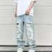Men's Distressed Washed Blue Jeans – Relaxed Straight Fit With Ripped & Whisker Details | Streetwear Casual Pants_mkmklike.com