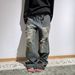 Retro Ripped Thin Jeans for Men American High Street Graffiti Trendy Loose Straight Leg Wide Leg Pants Design Conscious Cool And Stylish_mkmklike.com