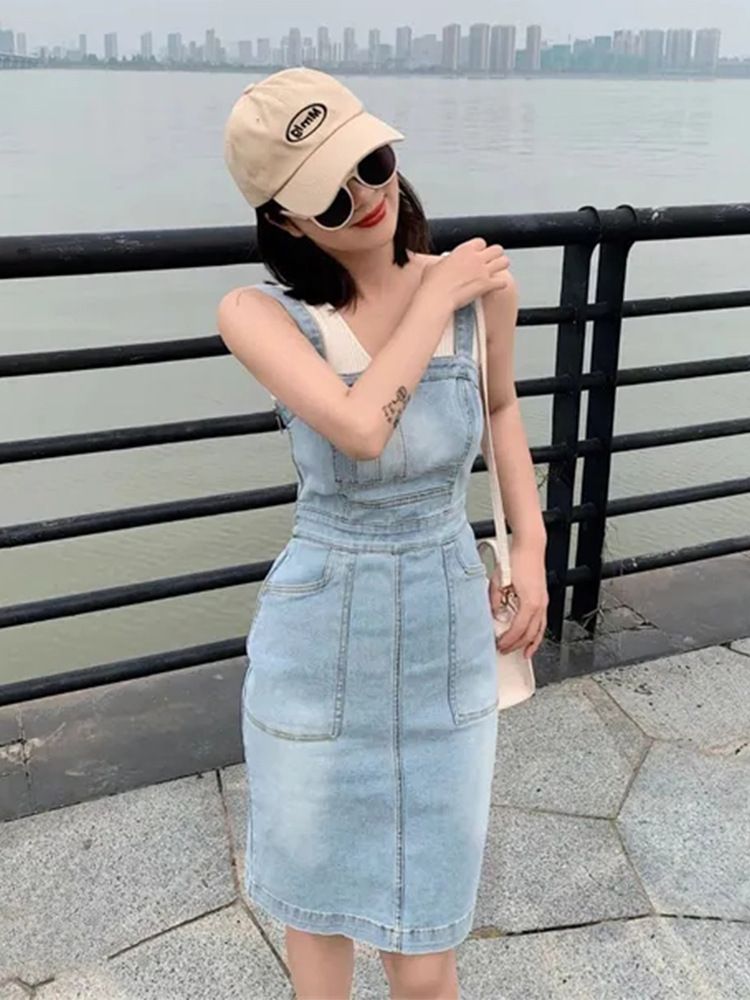 Spicy Girl Slim Fit Versatile Denim Overalls Dress For Women's Summer Fashion High Waist Split Hip Skirt_mkmklike.com