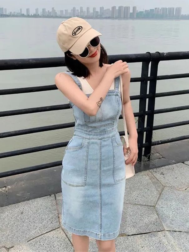 Spicy Girl Slim Fit Versatile Denim Overalls Dress For Women's Summer Fashion High Waist Split Hip Skirt_mkmklike.com