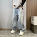 Men's Distressed Ripped Painted Jeans High Street Style Relaxed Drape Straight Wide Leg Casual Washed Finish_mkmklike.com