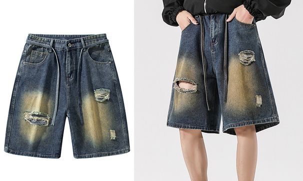 Men's Clothing Summer Thin Denim Shorts Men's Foreign Trade Trendy Brand Embroidery Loose Wide Leg Breeches Personality Ripped Five Point Pants_mkmklike.com