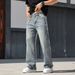 Men's Trendy Loose Straight Leg Jeans Midweight Cotton Black Blue Wide Leg Pants With Diamonds American Style_mkmklike.com