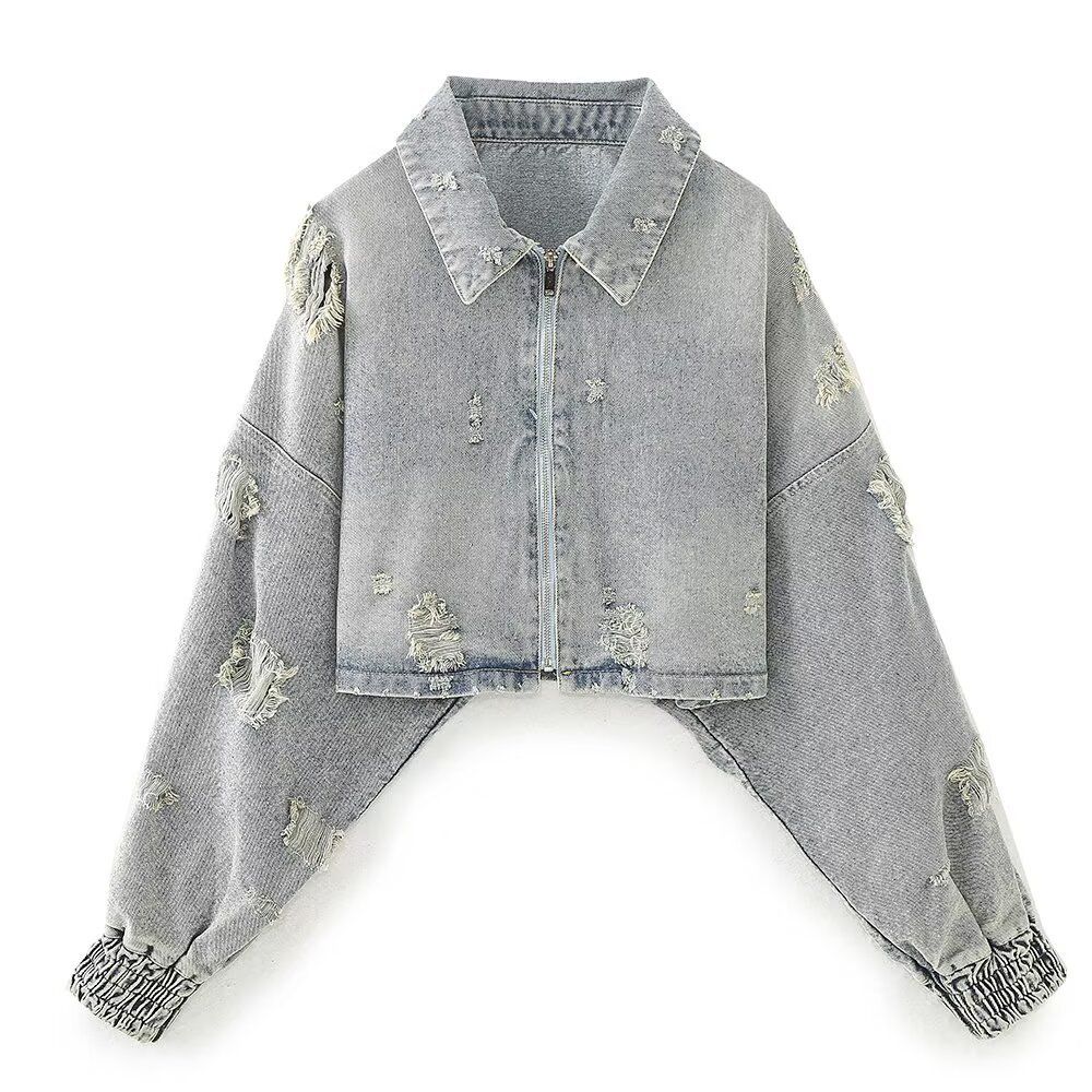 Women's Distressed Cropped Denim Jacket, Vintage Washed Zip Up Oversized Long Sleeve Jean Coat, Casual Streetwear Daily Outerwear With Frayed Details_mkmklike.com