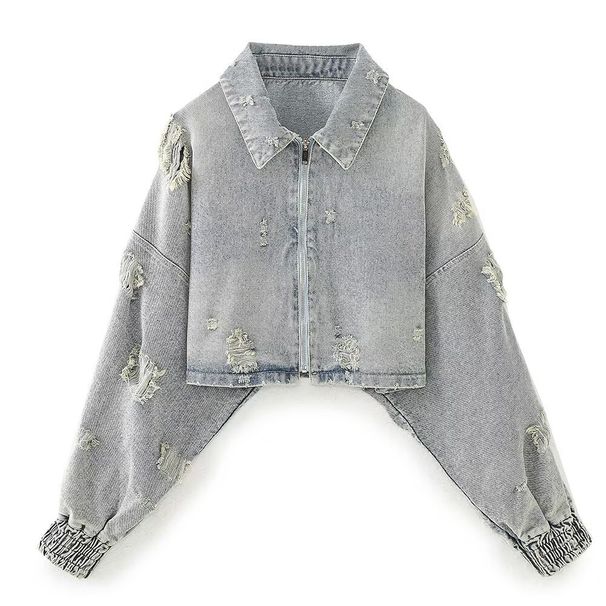 Women's Distressed Cropped Denim Jacket, Vintage Washed Zip Up Oversized Long Sleeve Jean Coat, Casual Streetwear Daily Outerwear With Frayed Details_mkmklike.com