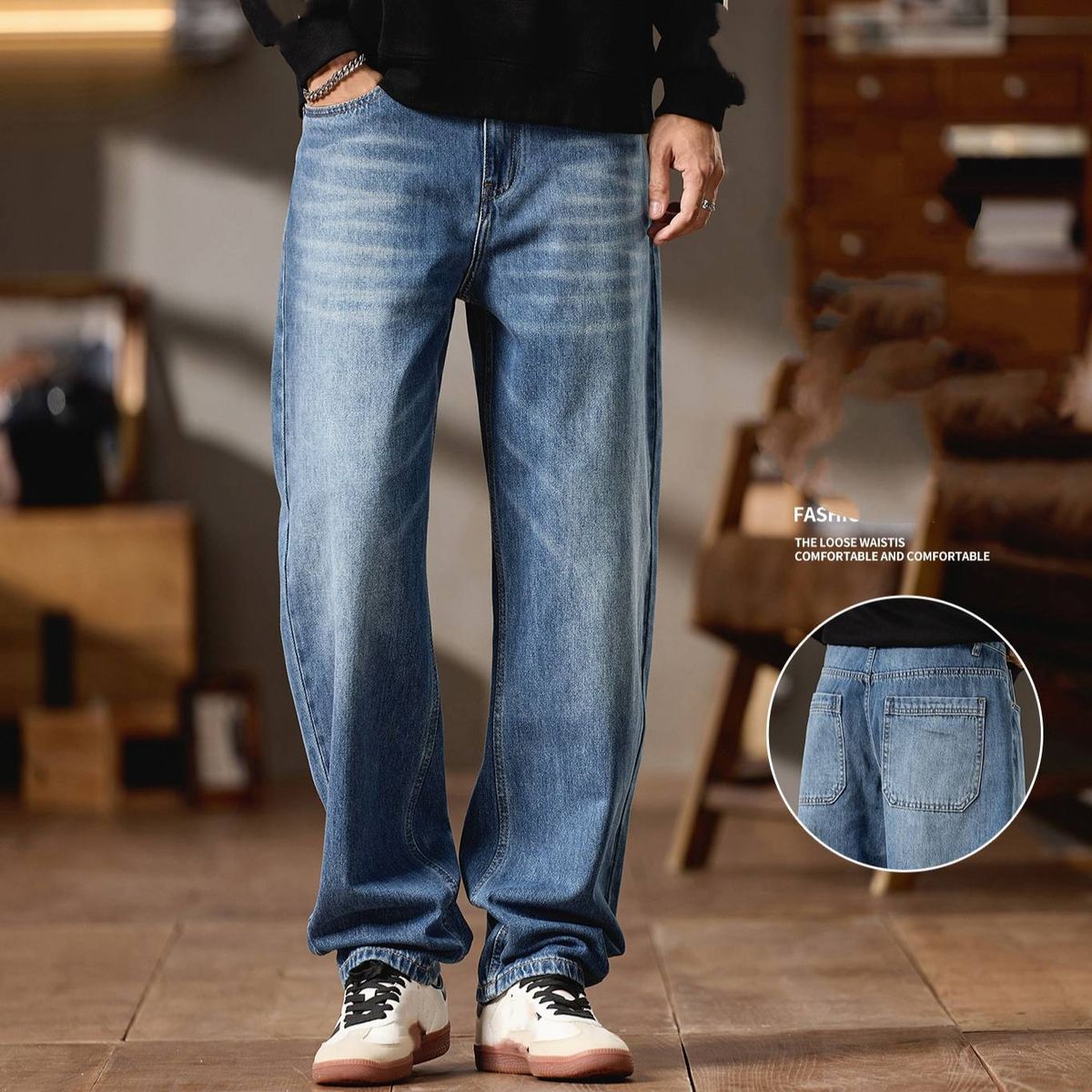 Blue Straight Leg Jeans For Men Retro Washed Loose Casual Trousers_mkmklike.com