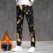 Trendy Brand Gold Print Jeans Men, Personalized Slim Fit Skinny Pants, Street Style Youth Casual Stretch Fleece-Lined_mkmklike.com