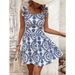 Women's Clothing casual VCAY women's ruffled shoulder strap full print lace up dress_mkmklike.com
