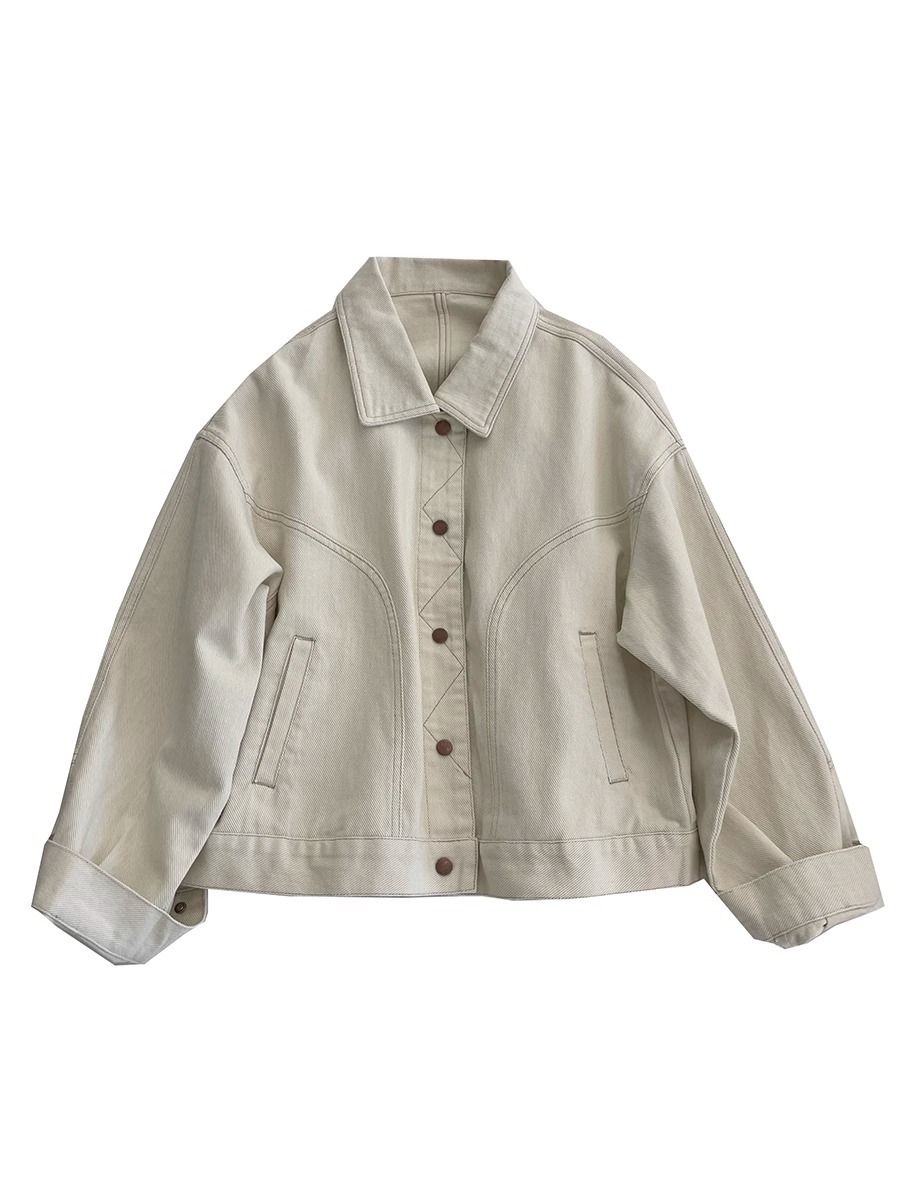 Women's Clothing Denim Jacket Versatile Slim Loose Beige Denim Jacket With Contrast Stitching - Oversized Casual Cropped Coat For Spring & Autumn_mkmklike.com