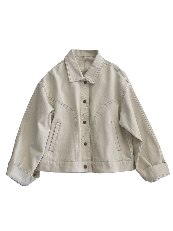 Women's Clothing Denim Jacket Versatile Slim Loose Beige Denim Jacket With Contrast Stitching - Oversized Casual Cropped Coat For Spring & Autumn_mkmklike.com