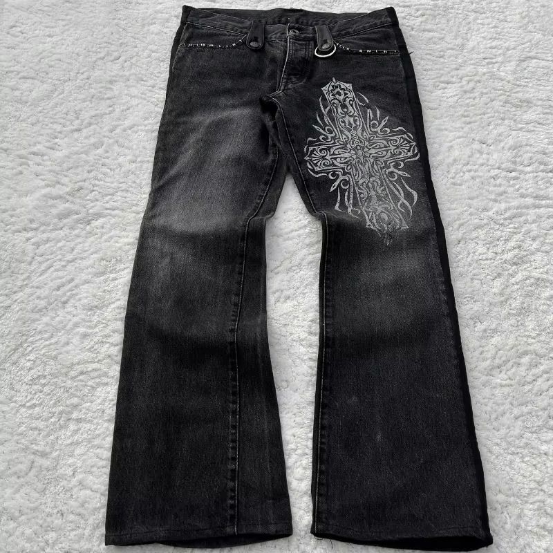 Y2K Gothic Cross Print Washed Flared Jeans - Punk Retro High Street Wide Leg Pants For Women & Men_mkmklike.com