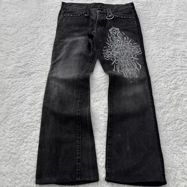 Y2K Gothic Cross Print Washed Flared Jeans - Punk Retro High Street Wide Leg Pants For Women & Men_mkmklike.com