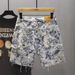 Men's Floral Print Denim Shorts Loose Fit Casual Vintage Design Blue And White Cotton Blend Summer Shorts 5-Inch Inseam_mkmklike.com