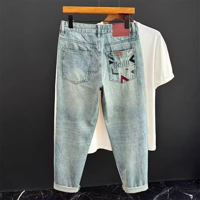 Men's Slim Leg Jeans Embroidered Tapered Harem Pants Loose Fit Straight Leg Printed Fashion Youthful Style Trendy_mkmklike.com