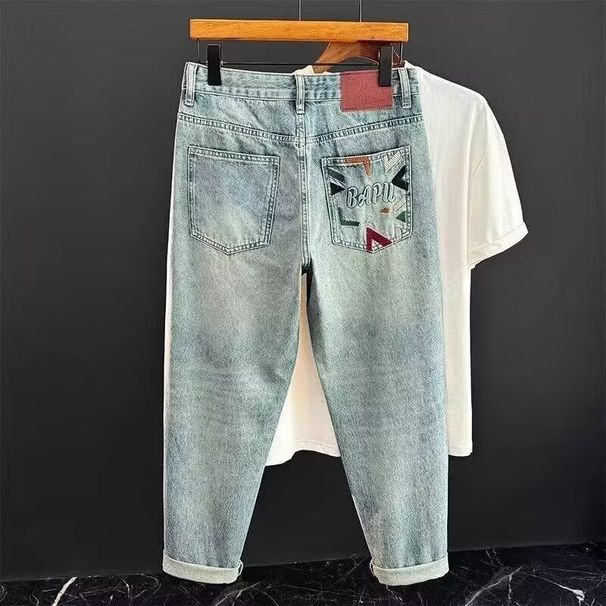 Men's Slim Leg Jeans Embroidered Tapered Harem Pants Loose Fit Straight Leg Printed Fashion Youthful Style Trendy_mkmklike.com