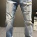 Slim Fit Men's Ripped Jeans Light Blue Straight Leg Washed Denim Slightly Flared Long Durable Harem Pants_mkmklike.com
