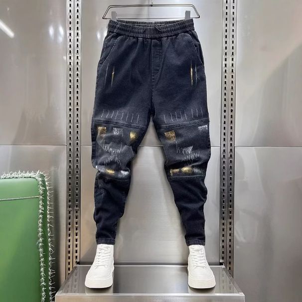 Men's Casual Slim Fit Jeans Blue Low Waist Elastic Jogger Harem Pants Trendy Spring Style Painted Graffiti Long Trousers_mkmklike.com