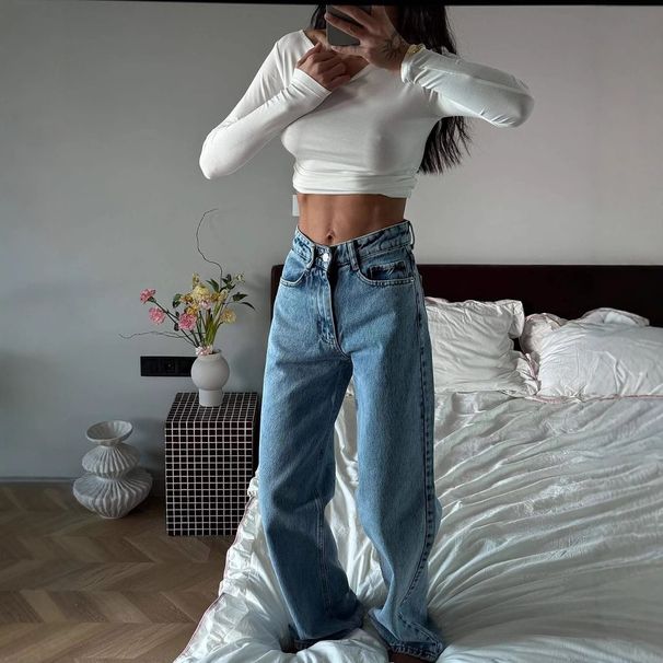 Women's Clothing Classic High Waist Loose Slim Hot Girl Jeans Washed Blue Street Style Wide Leg Trousers For Women_mkmklike.com