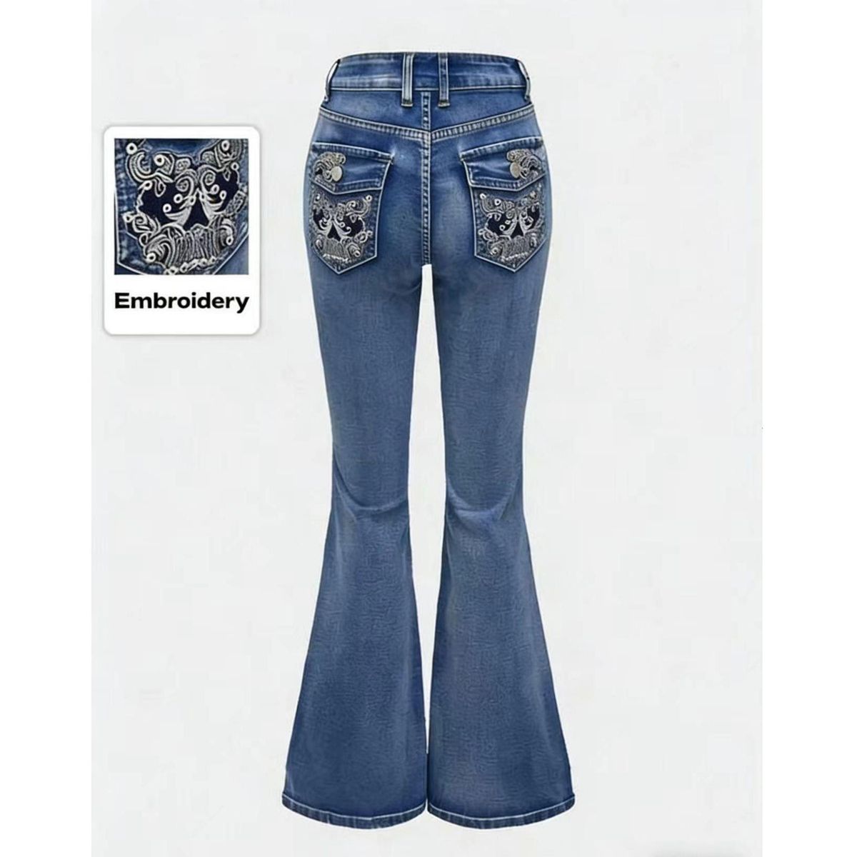 Women's Clothing Women's Vintage Washed High-Waisted Flared Jeans – Embroidered Pocket Retro Denim Pants With Stretch (S-L, Blue/Light Blue)_mkmklike.com
