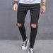 Men's Slim Fit Ripped Knee Jeans - Vintage Washed Denim Pants With Comfort Stretch For Casual Wear_mkmklike.com