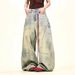 Distressed High Street Mud Wash Wide Leg Jeans For Men & Women - Vintage Blue Straight Denim Pants With Washed Effect_mkmklike.com