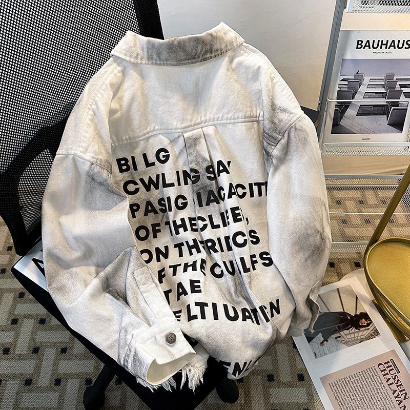 Loom European American Fashion Vintage Denim Jacket For Men With Full Letter Print On Back And Tassel Destroyed High Street_mkmklike.com