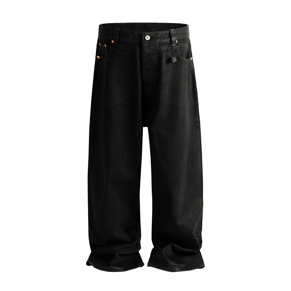 Dark Streetwear Waxed Jeans – RO-Inspired Drop-Crotch Pants With Distressed Coating (Black, Straight Fit)_mkmklike.com