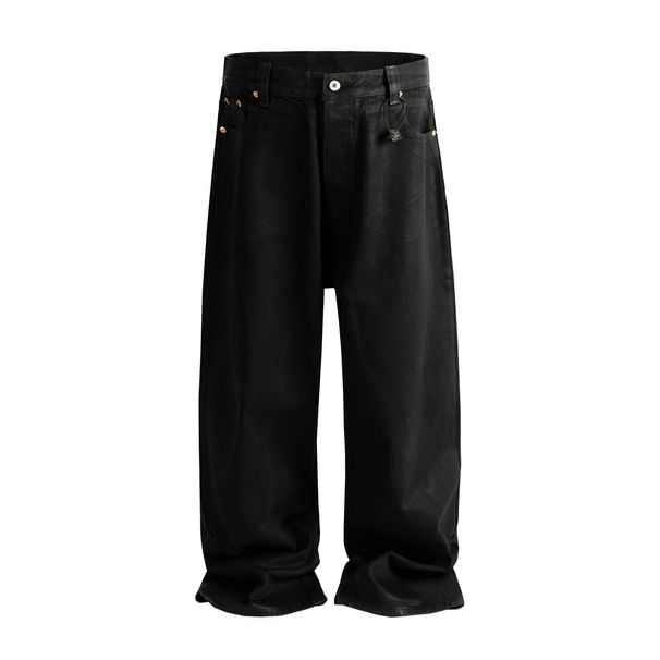 Dark Streetwear Waxed Jeans – RO-Inspired Drop-Crotch Pants With Distressed Coating (Black, Straight Fit)_mkmklike.com