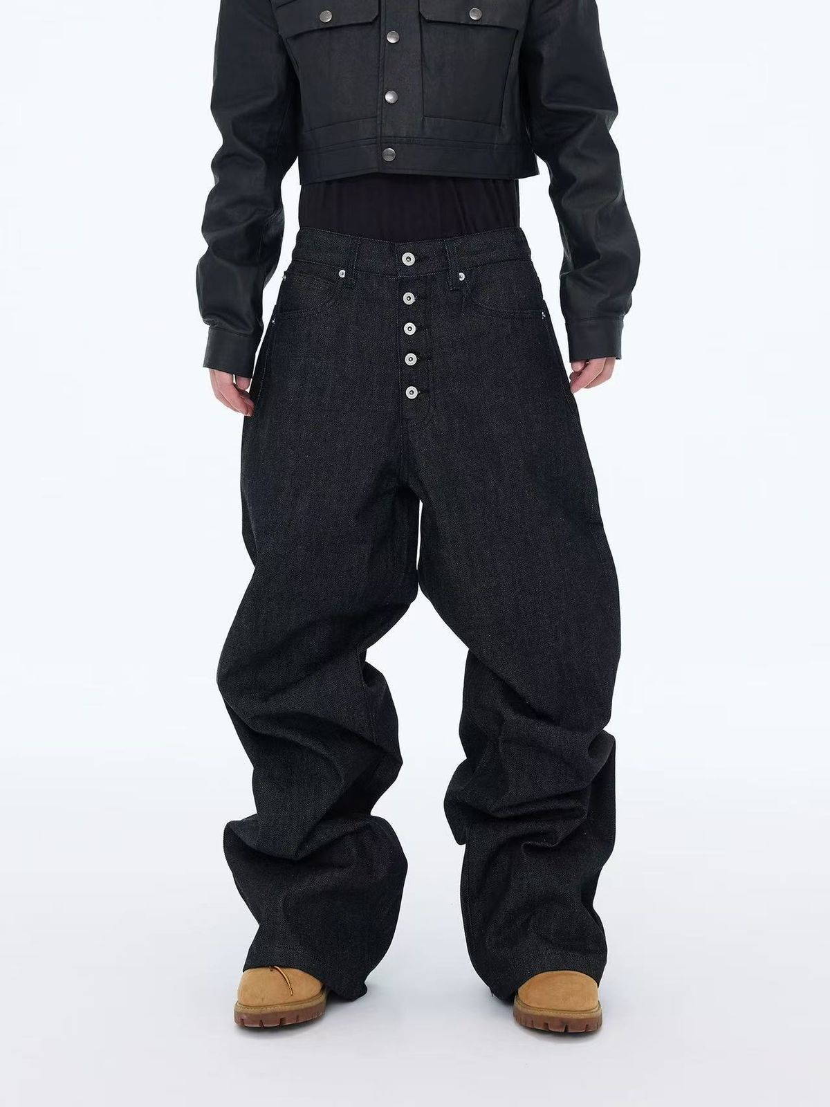 Vintage American Baggy Jeans For Men - Black Raw Denim Wide Leg Straight Fit With 5-Button Fly & Floor-Length Design_mkmklike.com
