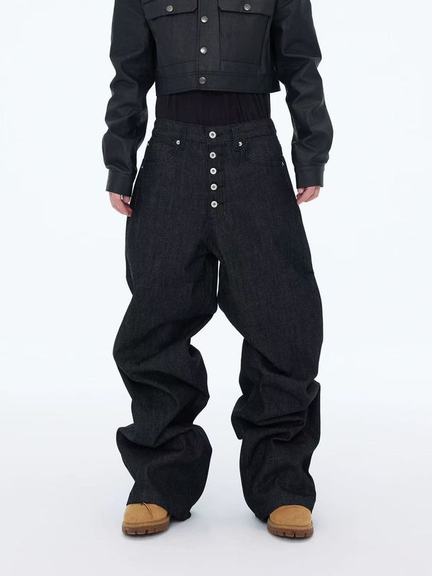 Vintage American Baggy Jeans For Men - Black Raw Denim Wide Leg Straight Fit With 5-Button Fly & Floor-Length Design_mkmklike.com