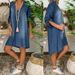 Women's Clothing V Neck Buttoned Pullover Mid Sleeve Denim Dress_mkmklike.com