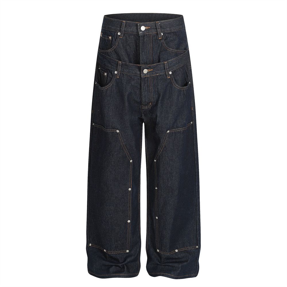 Two-Piece Spliced Double Waistband Jeans For Men Trendy Fashionable Unique Design Loose Straight Long Pants_mkmklike.com